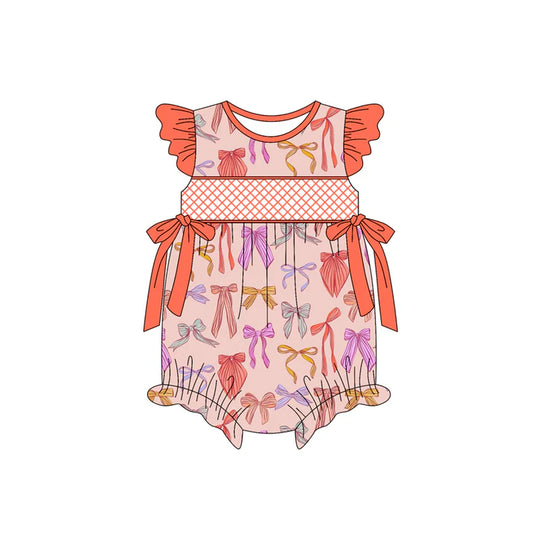Preorder(moq 5)Baby Infant Girls Orange Flutter Sleeves Colorful Bows Ruffle Rompers 5.15