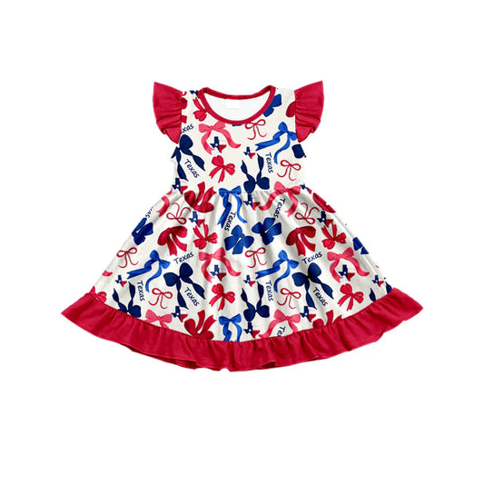 Preorder (moq 5) flutter sleeves T red blue bows girls team dress 8.23