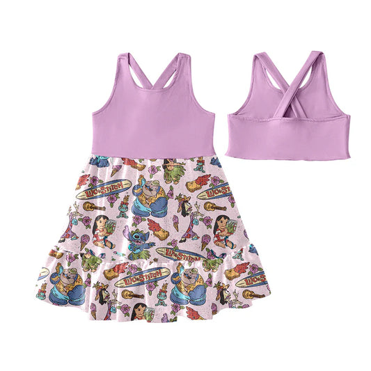 Preorder (moq 5)Baby Girls Lavender Sleeveless Cartoon Bunny Patchwork Knee Length Dress 4.25