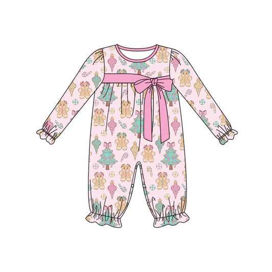 Preorder (moq 5)Baby Girls Pink Long Ruffle Sleeves Trees Gingerbread Pant Rompers 5.30