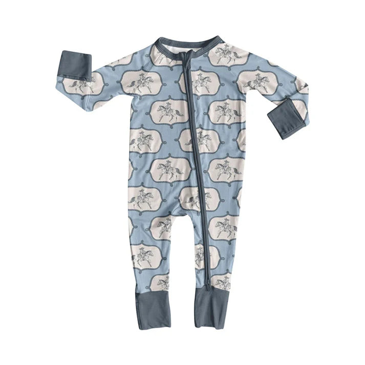 Preorder (moq 8)Baby Girls Horse Rodeos Checked Western Zipper Footie Rompers 9.8