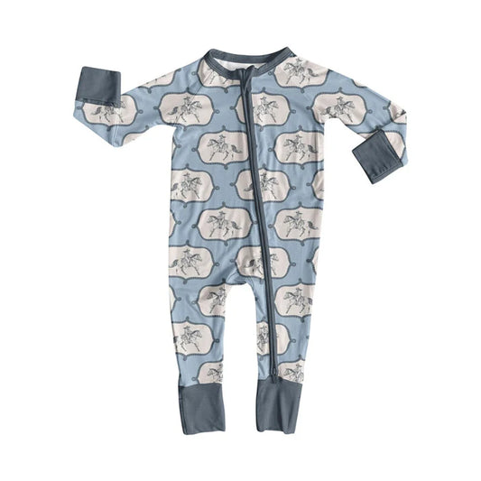 Preorder (moq 8)Baby Girls Horse Rodeos Checked Western Zipper Footie Rompers 9.8