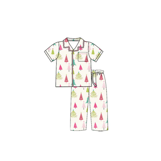 preorder(moq 5) Baby Girls Short Sleeves Christmas Trees Plaid Pocket Button Top Pants Pajamas Set 7.24