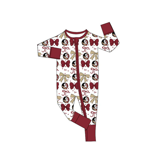 Preorder(moq 5)Baby Girls Red FSU Bows Zipper Footie Rompers 8.29
