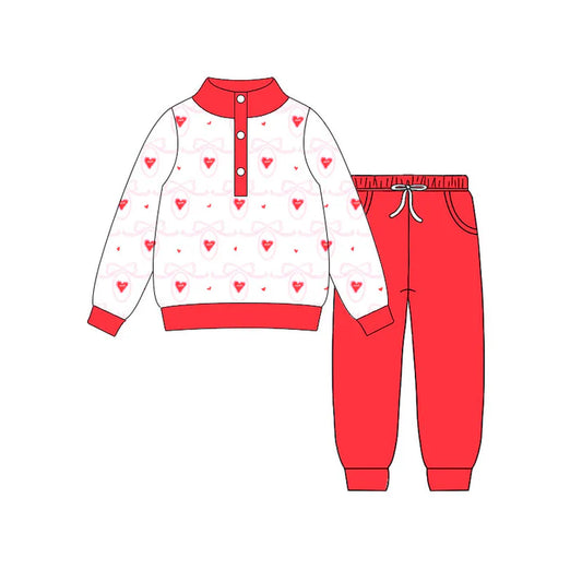 Preorder(moq 5) Baby Girls Hearts Bows Checked Button Top Pockets Jogger Valentine Clothes Sets 10.31