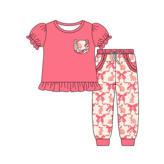 Preorder(moq 8)Baby Girls Pink Pocket Top Bows Rabbits Checked Jogger Easter Clothes Sets 9.26