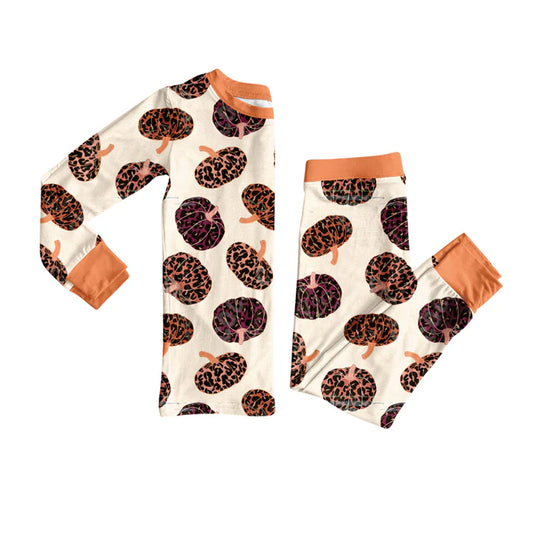 Preorder (moq 5)Baby Girls Long Sleeves Leopard Pumpkins Plaid Top Pants Pajamas Set 7.26