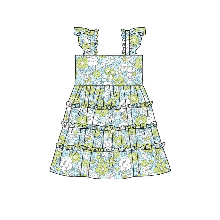Preorder(moq 5) Baby Girls Flutter Sleeve Green Flowers Patchworks Knee Length Dresses 11.12