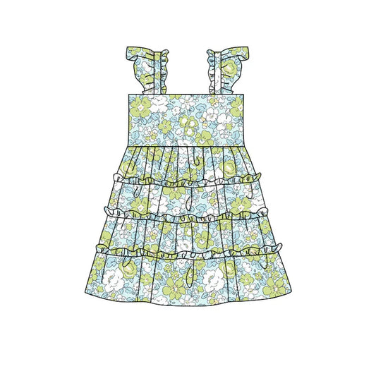 Preorder(moq 5) Baby Girls Flutter Sleeve Green Flowers Patchworks Knee Length Dresses 11.12