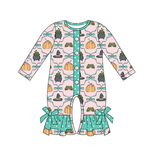 Preorder (moq 5)Baby Girls Pink Long Sleeves Bows Magic Hats Button Ruffle Rompers 5.17
