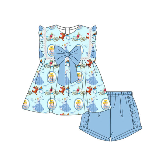 Preorder moq 5 Baby Girls Blue Sleeveless Cartoon Princess Pumpkins Tunic Ruffle Short Set 4.18