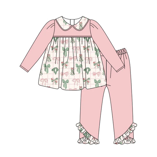 Preorder (moq 5)Baby Girls Pink Long Sleeves Bows Trees Plaid Tunic Ruffle Legging Pant Sets 6.11