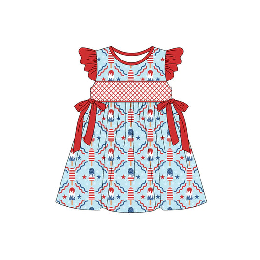 Preorder (moq 5)Baby Girls Red Flutter Sleeves Stars Popsicle Bows 4th Of July Knee Length Dresses 5.15