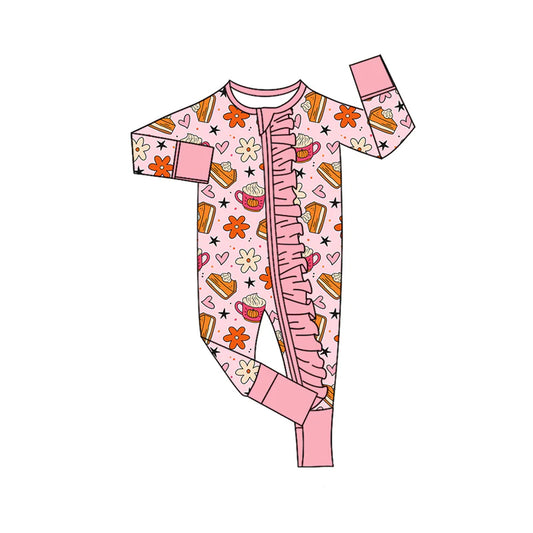 Preorder(moq 5)Baby Infant Girls Long Sleeves Pink Flowers Pie Ruffle Zipper Fall Rompers 7.31