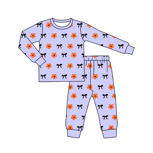 Preorder (moq 5)Baby Boys Lavender Flowers Bows Plaid Top Pants Pajamas Set 7.31