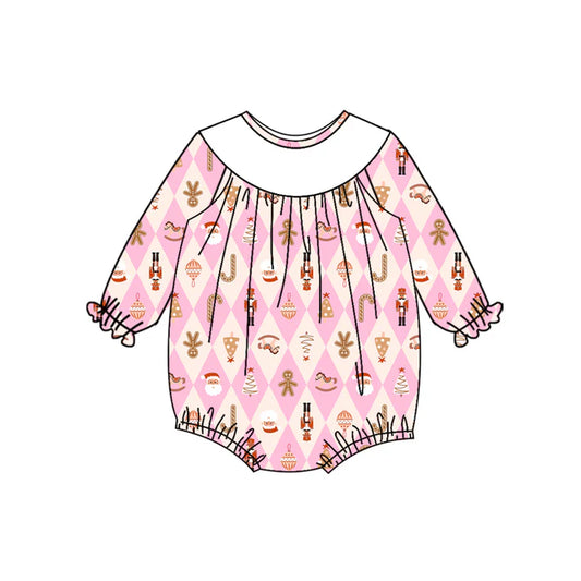 Preorder (moq 5)Baby Girls Long Sleeves Pink Santa Soldiers Gingerbread Plaid Ruffle Romper 7.3