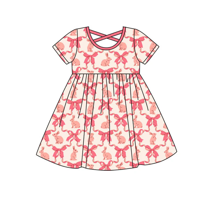 Preorder(moq 8)Baby Girls Pink Bows Rabbits Checked Easter Knee Length Dresses 9.26