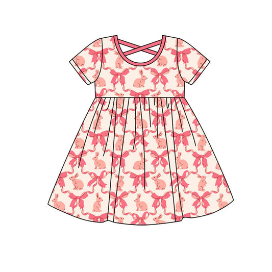 Preorder(moq 8)Baby Girls Pink Bows Rabbits Checked Easter Knee Length Dresses 9.26