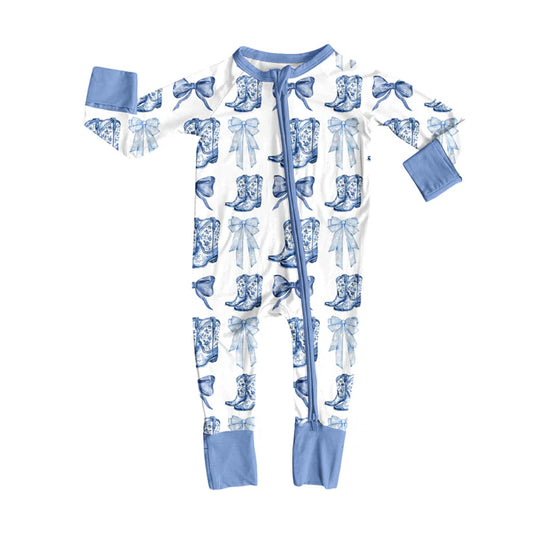 Preorder moq 5 Baby Infant Girls Long Sleeves Blue Bows Boots Plaid Zipper Romper 7.16