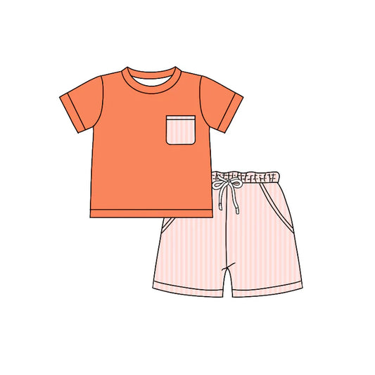 Preorder moq 5 Baby Boys Peach Short Sleeves Pocket Top Stripe Short Set 4.14