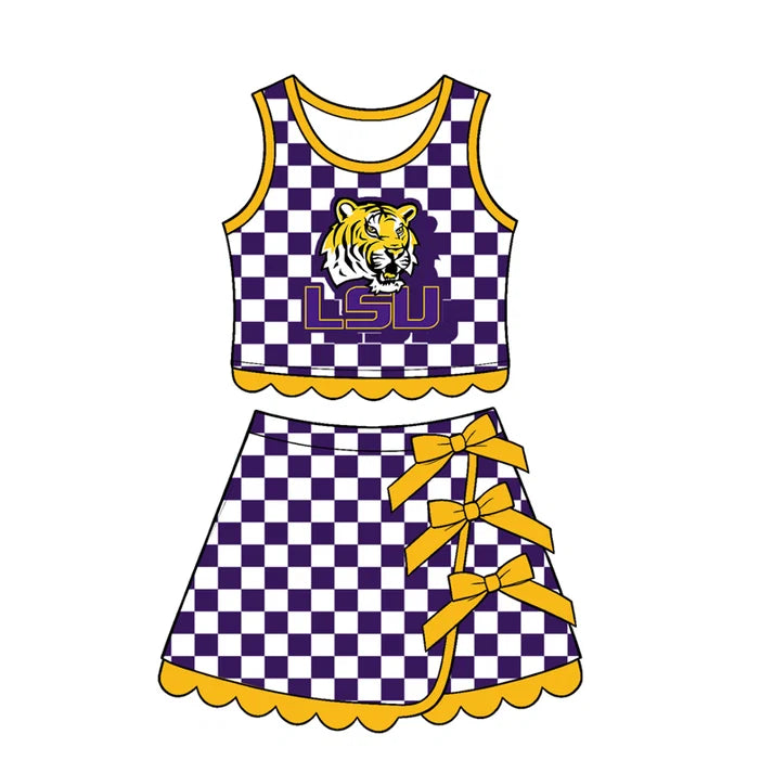 Preorder Baby Girls Purple Checked LSU Tiger Top Bows Skirt Short Scallop Clothes Set GSD4285