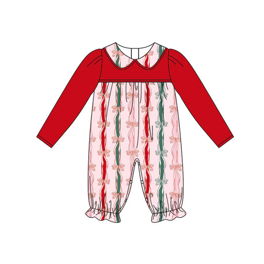 Preorder (moq 5)Baby Girls Red Long Sleeves Bows Stripes Ruffle Rompers 6.3