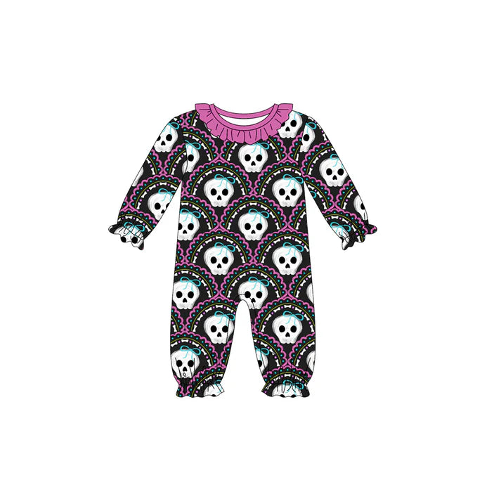 Preorder (moq 5)Baby Girls Long Sleeves Black Turquoises Skull Plaid Ruffle Pant Romper 6.13