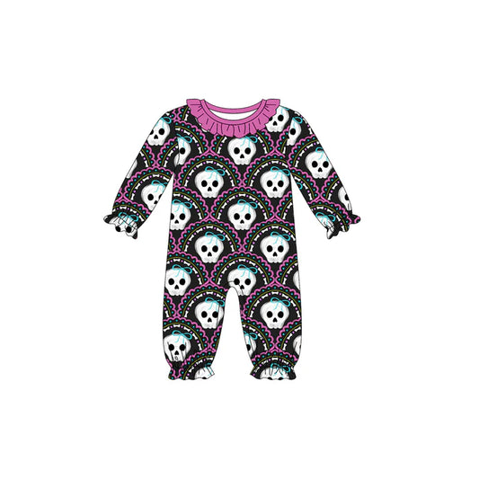 Preorder (moq 5)Baby Girls Long Sleeves Black Turquoises Skull Plaid Ruffle Pant Romper 6.13
