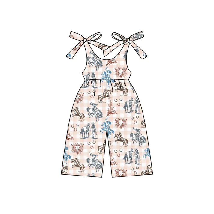 Preorder moq 5 Baby Girls Sleeveless Pink Plaid Horse Rodeo Cactus Jumpsuits 4.15