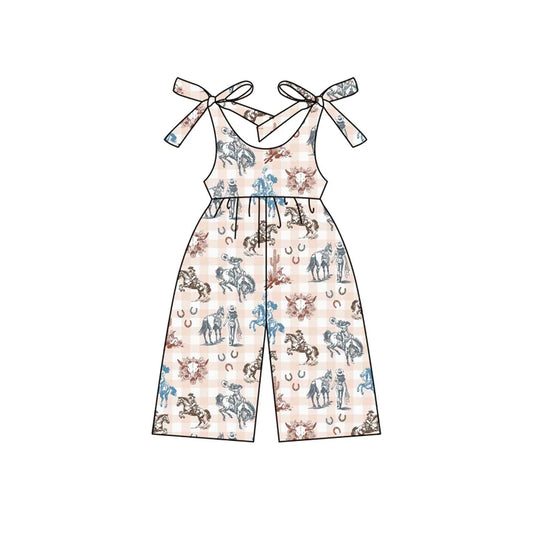 Preorder moq 5 Baby Girls Sleeveless Pink Plaid Horse Rodeo Cactus Jumpsuits 4.15