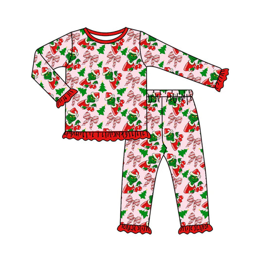 Preorder (moq 5)Baby Girls Green Faces Bows Plaid Top Pants Christmas Pajamas Clothes Set 8.30