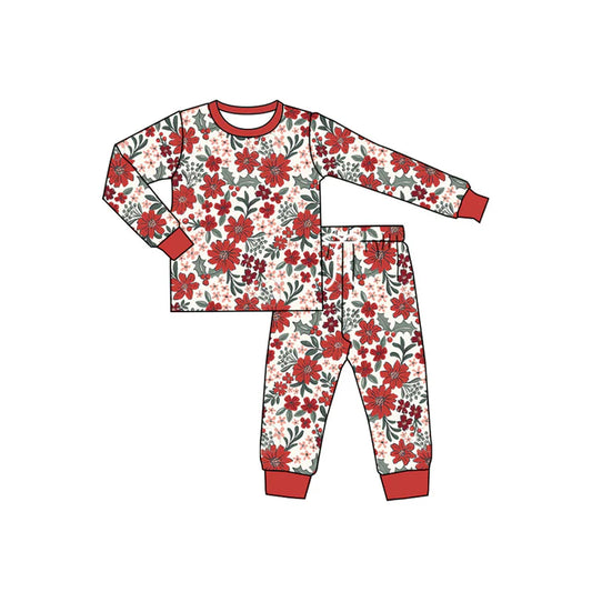 Preorder (moq 5)Baby Girls Long Sleeves Red Daisy Floral Top Pant Pajamas Sets 6.11