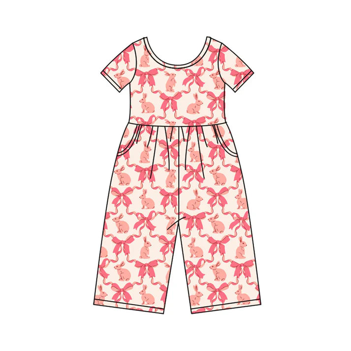 Preorder(moq 8)Baby Girls Pink Bows Rabbits Checked Pockets Easter Pant Jumpsuits 9.26