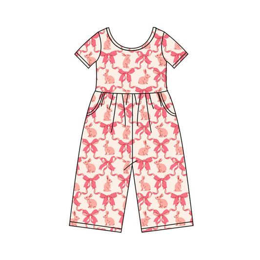Preorder(moq 8)Baby Girls Pink Bows Rabbits Checked Pockets Easter Pant Jumpsuits 9.26
