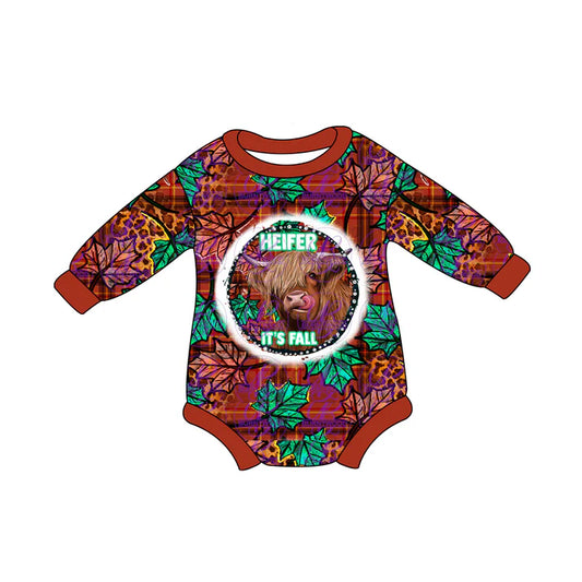Preorder (moq 5)Baby Girls Long Sleeves Red Leopard Highland Cows Romper 7.3