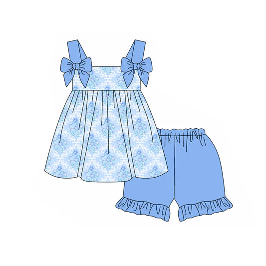 Preorder moq 5 Baby Girls Blue Strap Floral Plaid Tunic Ruffle Short Set 4.18