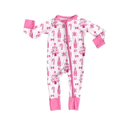 Preorder (moq 5)Baby Girls Long Sleeves Pink Bows Candy Cane Soldiers Zipper Romper 7.3