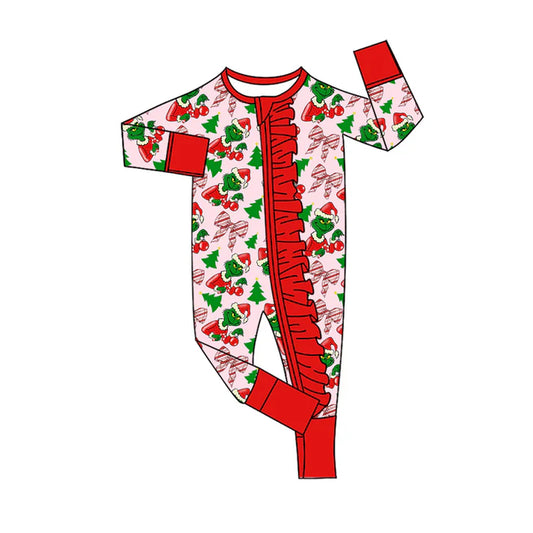 Preorder(moq 5)Baby Girls Green Faces Bows Plaid Christmas Ruffle Zipper Footie Rompers 8.30
