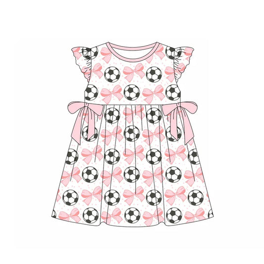 Preorder (moq 5)Baby Girls Pink Flutter Sleeves Bows Footballs Knee Length Dresses 4.23