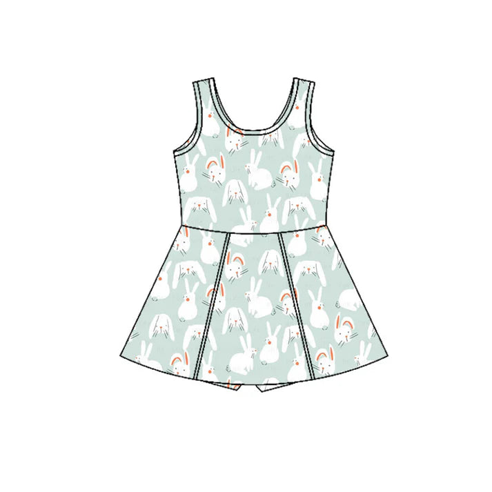 Preorder (moq 5)Baby Girls Blue Rabbits Plaid Easter Shorts Knee Length Dresses 12.4