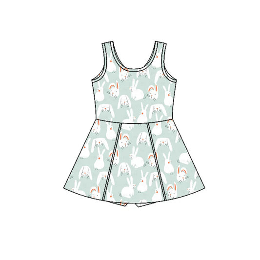Preorder (moq 5)Baby Girls Blue Rabbits Plaid Easter Shorts Knee Length Dresses 12.4