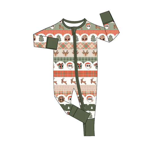 Preorder (moq 5)Baby Girls Dark Green Long Sleeves Aztec Deer Stripes Zipper Rompers 6.4