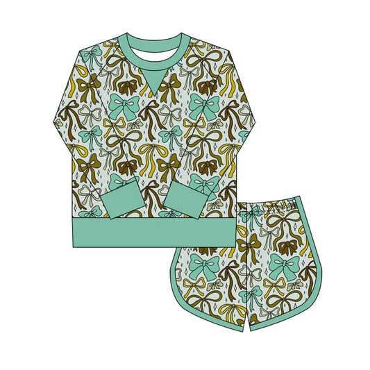 Preorder(moq 8)Baby Girls Green Brown Bows Plaid Long Sleeve Top Shorts Clothes Set 9.27
