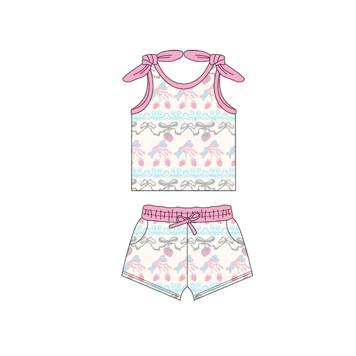 Preorder moq 5 Baby Girls Bows Sleeveless Bows Strawberry Top Pockets Short Set 4.15