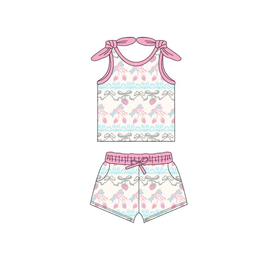 Preorder moq 5 Baby Girls Bows Sleeveless Bows Strawberry Top Pockets Short Set 4.15