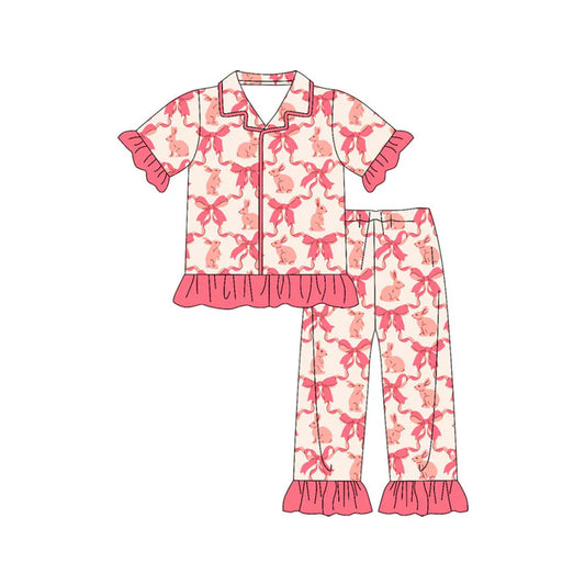 Preorder(moq 8)Baby Girls Bows Rabbits Checked Button Top Ruffle Pants Easter Pajamas Sets 9.26