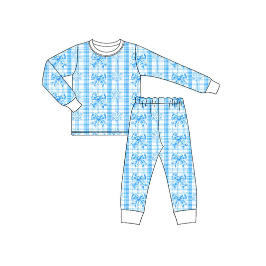 Preorder (moq 5)Baby Boys Blue Plaid Long Sleeves Bows Flowers Stripe Top Pant Pajamas Sets 6.11