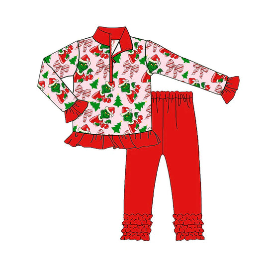 Preorder (moq 5)Baby Girls Green Face Bows Zipper Pullovers Ruffle Legging Christmas Clothes Set 9.1