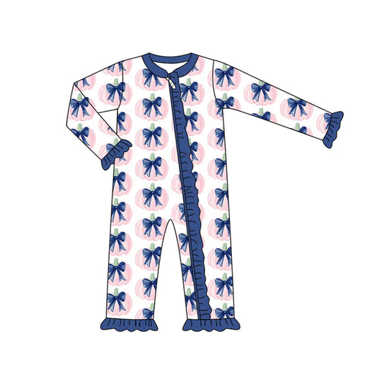 Preorder (moq 5)Baby Girls Long Sleeves Blue Bows Pumpkins Plaid Ruffle Zipper Romper 7.3