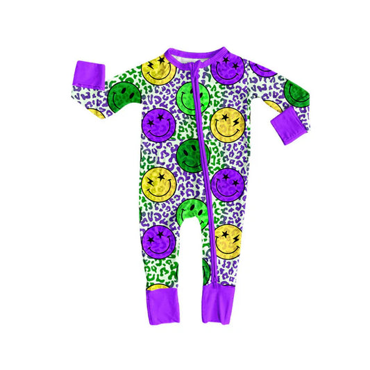Preorder (moq 5)Baby Boys Mardi Gras Purple Yellow Green Leopard Zipper Footie Rompers 9.3